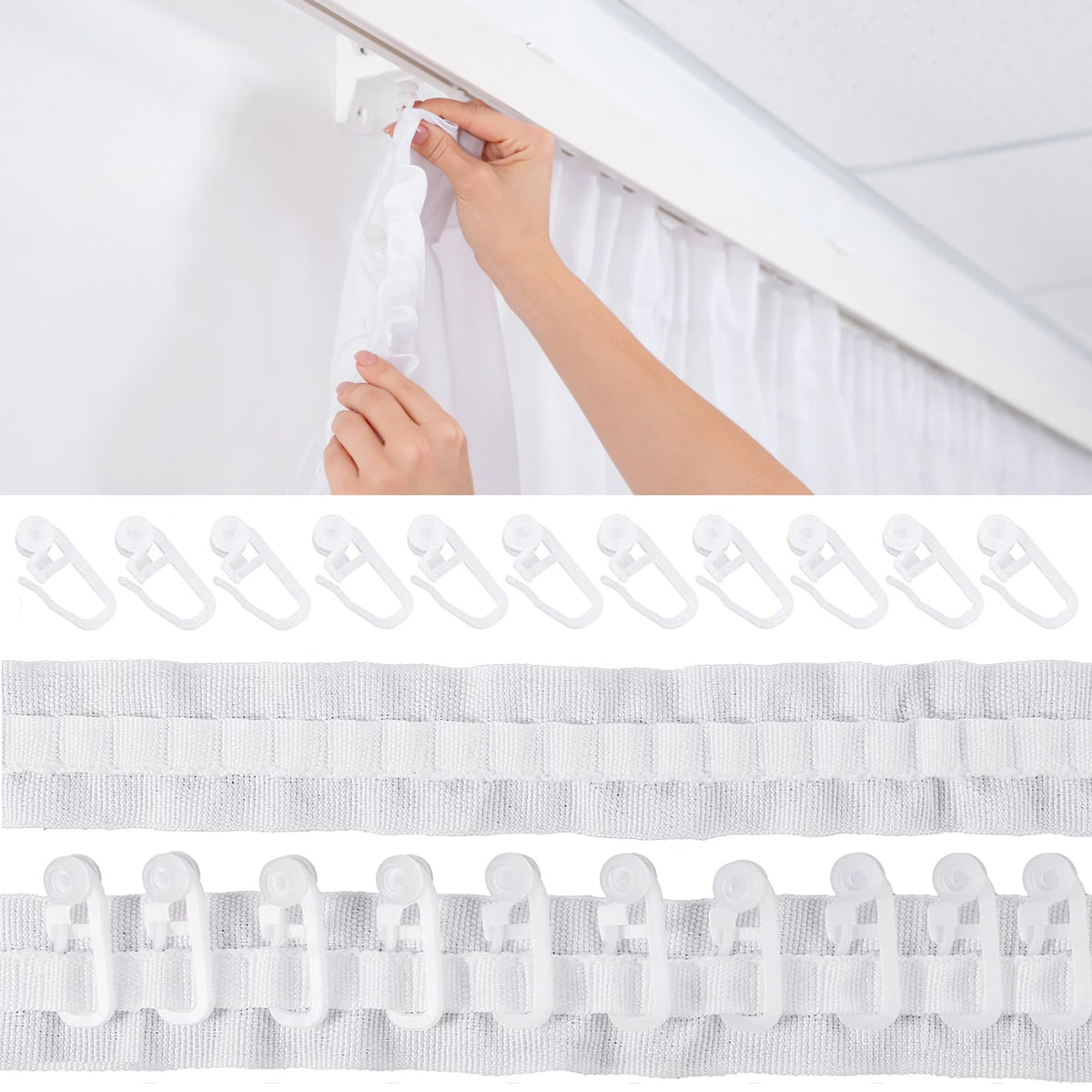 Rejansă pentru perdele și draperii 30m x 2.5cm cu 50 cârlige de prindere – Alb