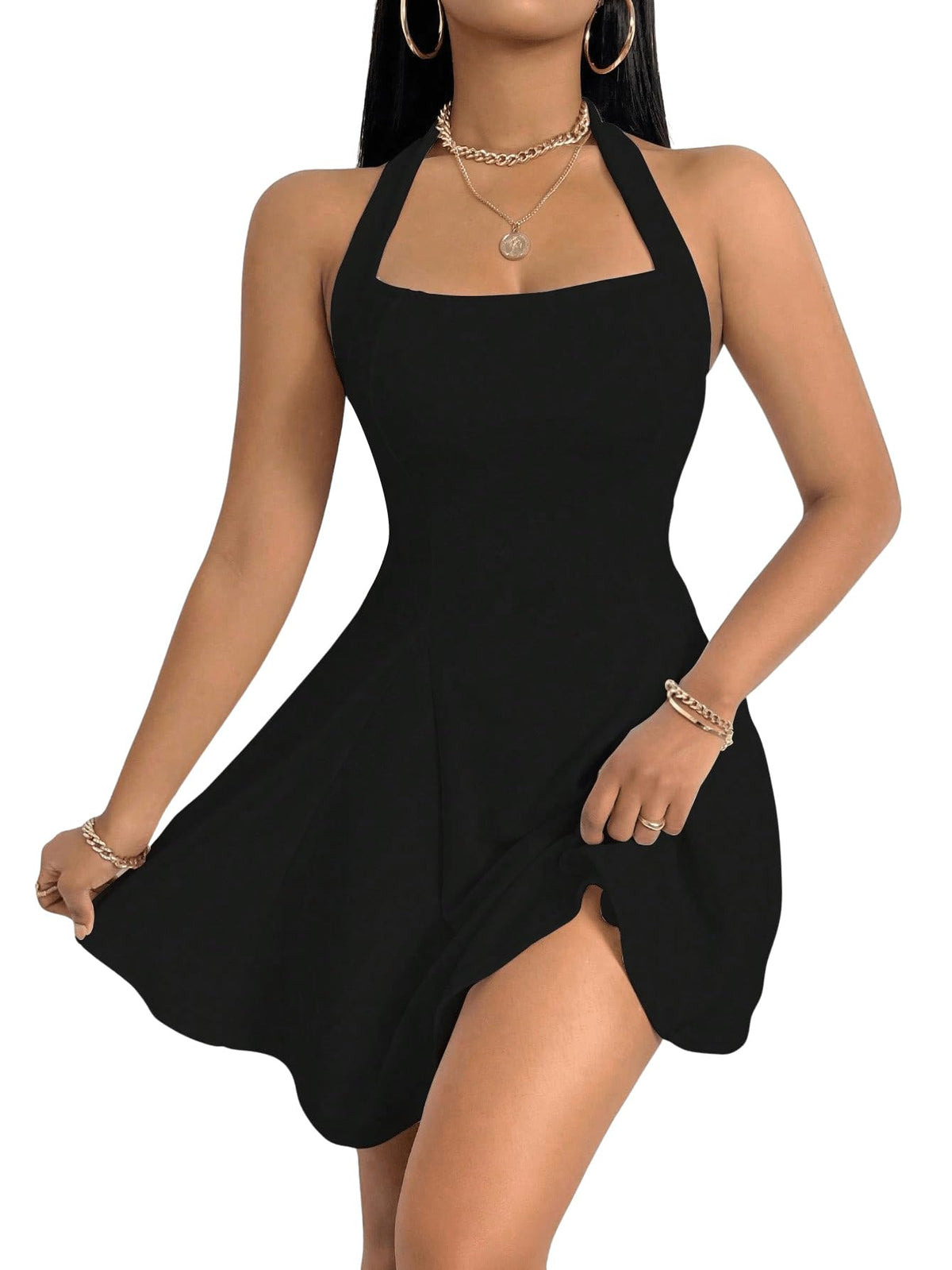 Women's Halter Neck A-Line Ruffle Dress Sleeveless Short – Black L