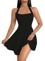 Women's Halter Neck A-Line Ruffle Dress Sleeveless Short – Black L