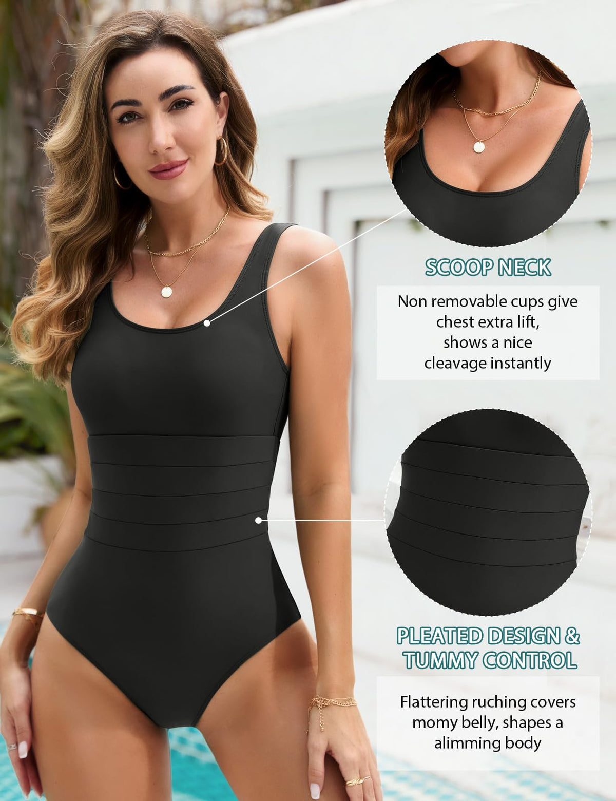 UMIPUBO Women's Tummy Control Swimsuit Sexy Exposed Back One Piece Bathing Suit Plus Size Flat Stomach Swimwear(Black,XL)