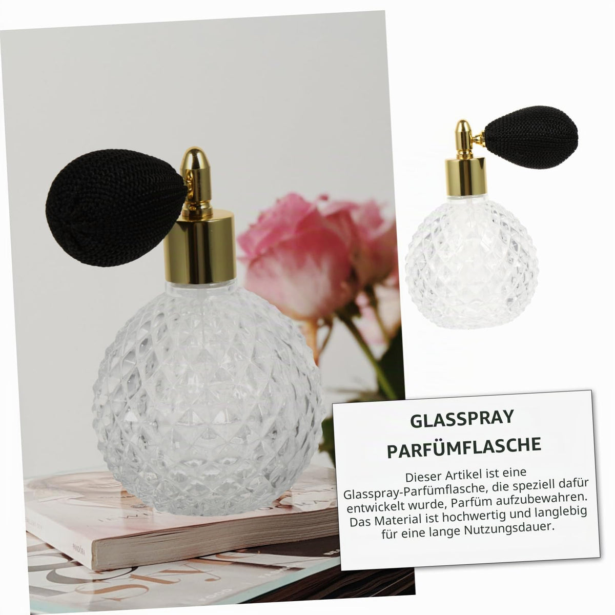 Sticluță vintage reîncărcabilă de parfum 100ml din sticlă cu pulverizator pară – Transparent