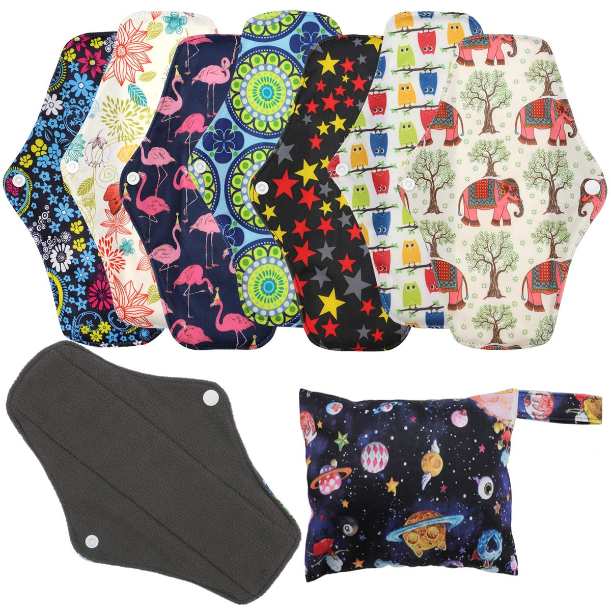 Reusable Sanitary Wipes Pads (7 in 1, 10 inch), Antibacterial Bamboo Panty Liners with Wet Bag, Heavy Flow Night Washable Fabric Menstrual Sanitary Towels