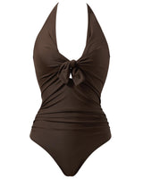 Costum de baie întreg damă tip halter decolteu în V cu efect de aplatizare – Negru