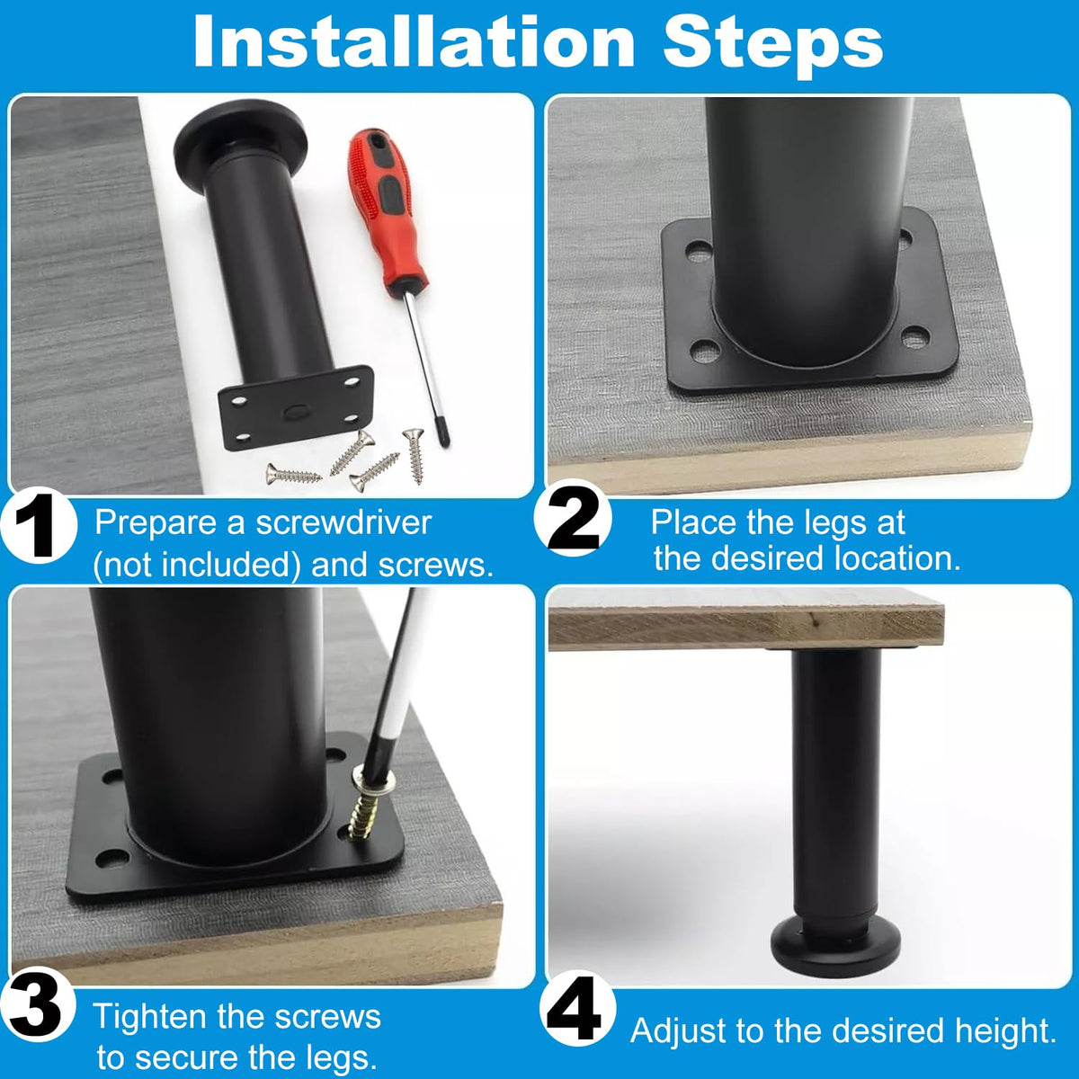 Picioare metalice reglabile pentru mobilier înălțime 8–12 cm antiderapante, set 6 bucăți – Negru