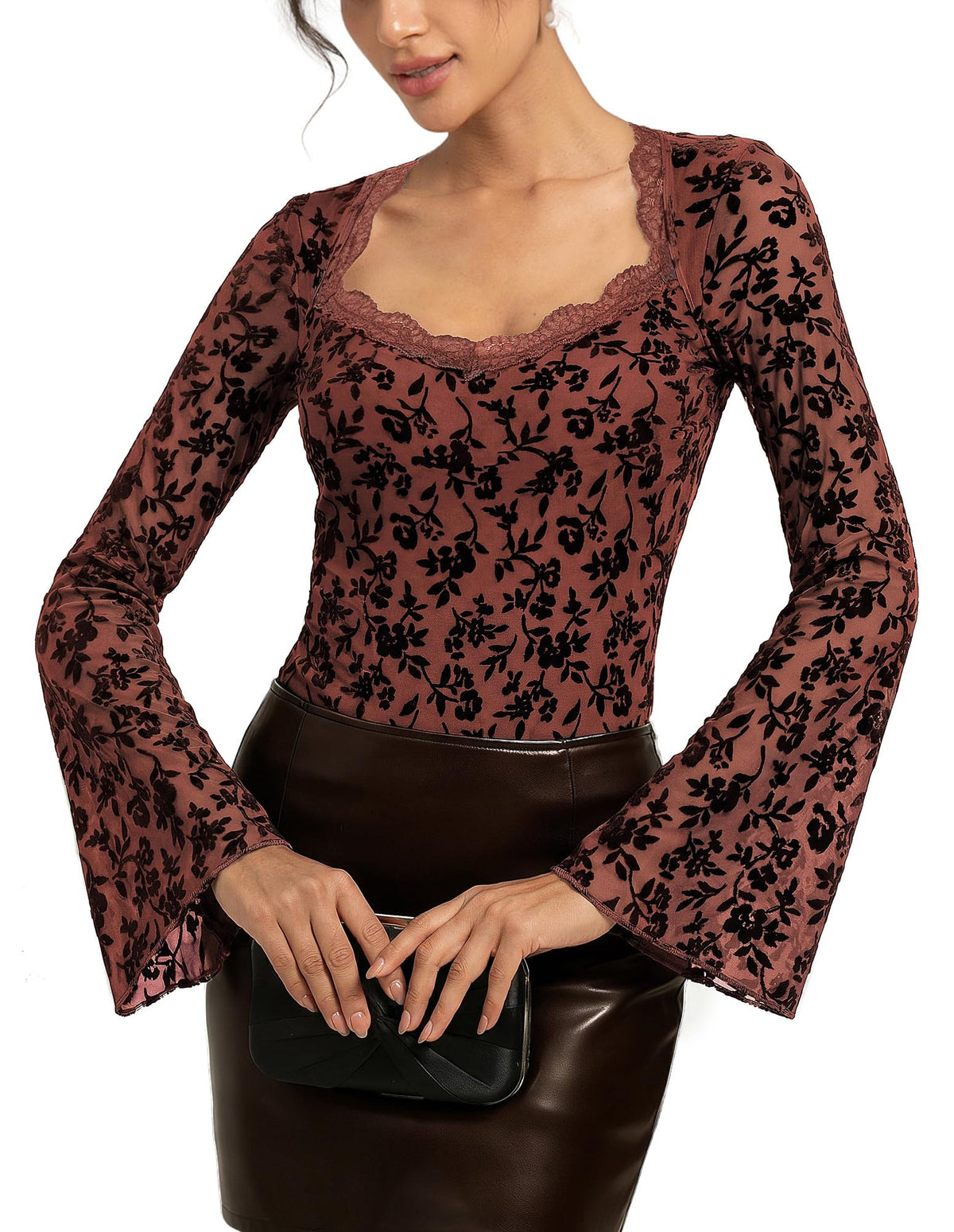 Women's Long Sleeve Mesh Blouse Sheer Round Neck Printed – Brown S