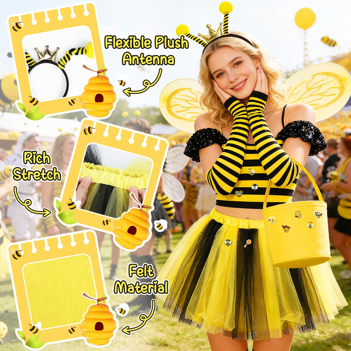 Adult Bee Costume 16-piece Set Striped Dress & Accessories – One Size
