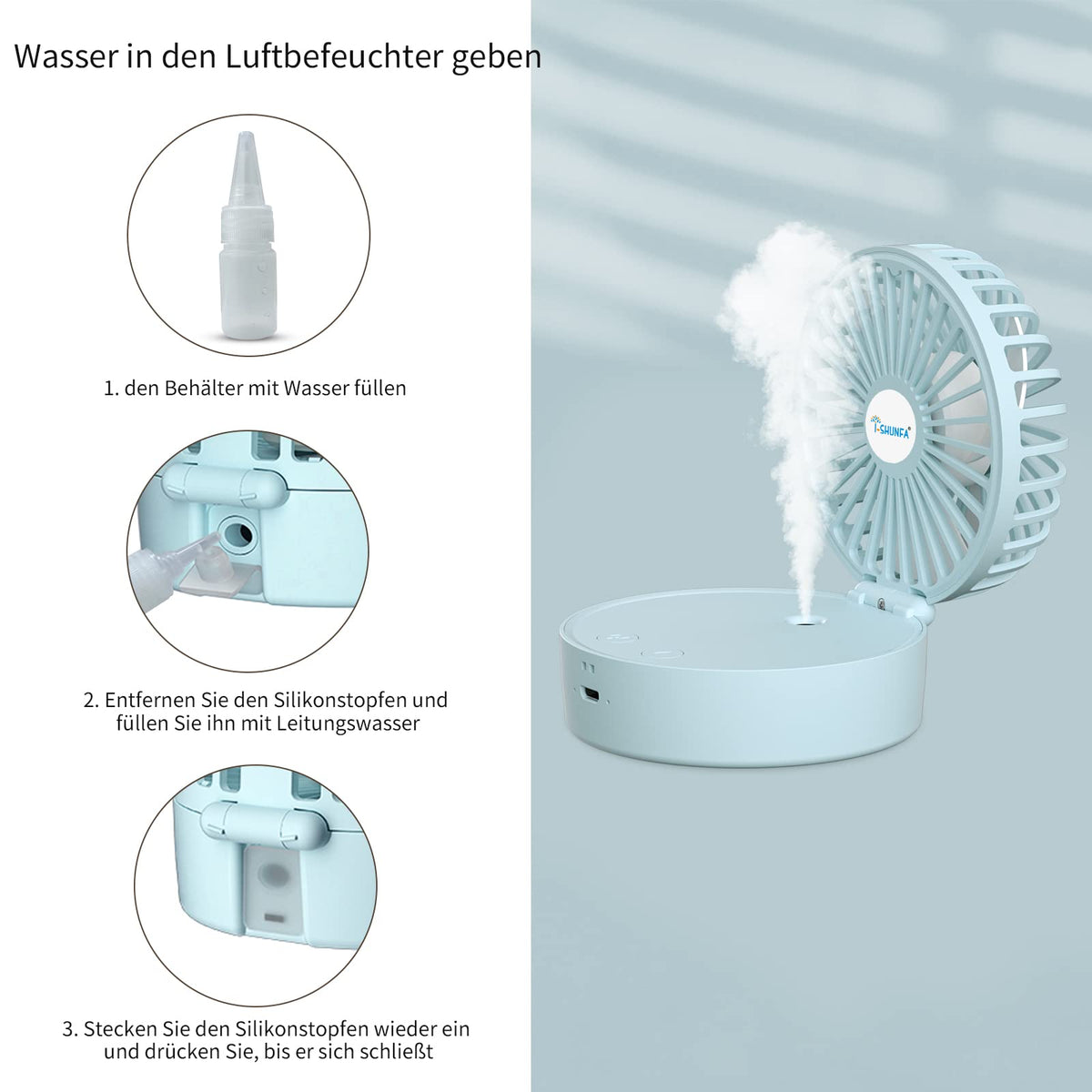Mini ventilator portabil de mână cu pulverizare vapori de apă răcoritori – Albastru