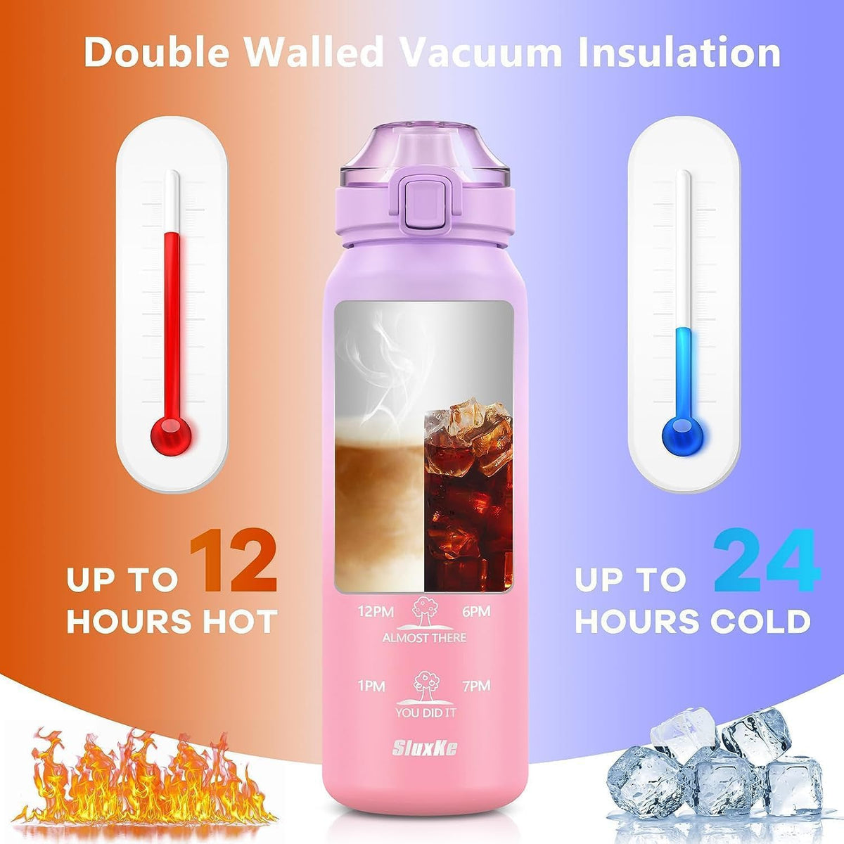SLUXKE drinking bottle stainless steel 1 liter with time marking, 1L thermos flask with premium leak-proof lid for hot, carbonated and cold drinks PURPLE PINK