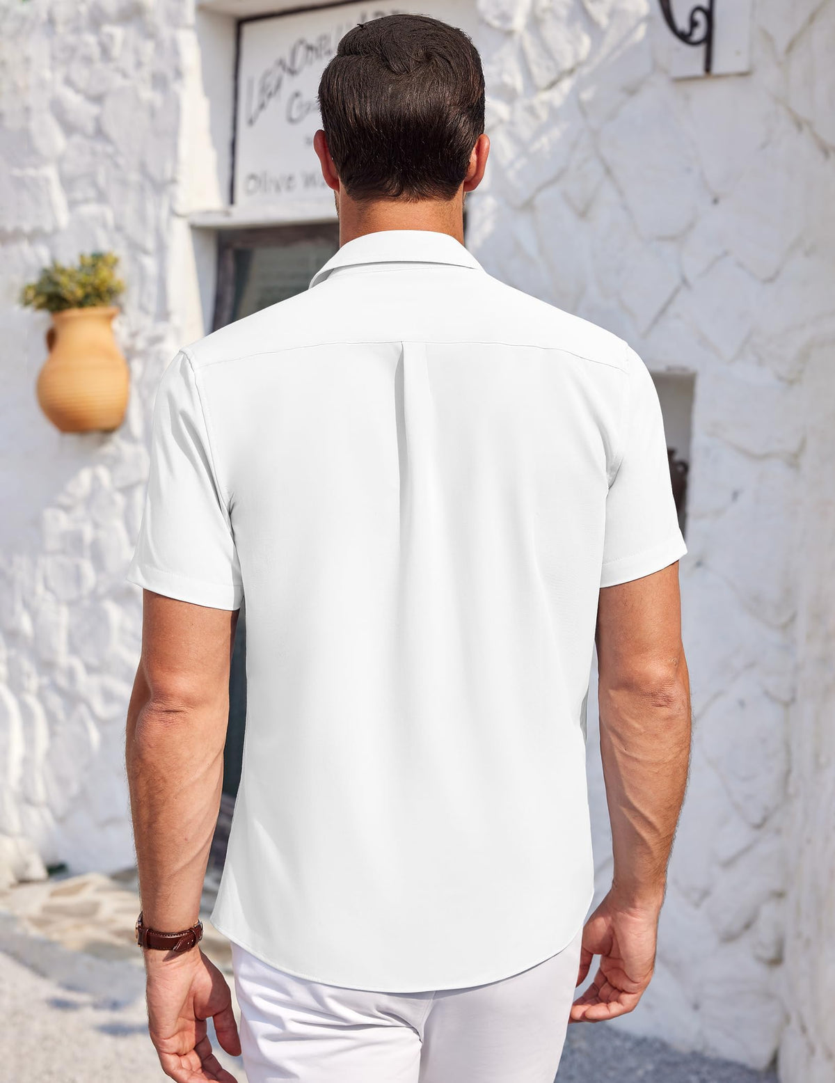Men's Short Sleeve Button-Down Casual Shirt Regular Fit with Pocket – White M