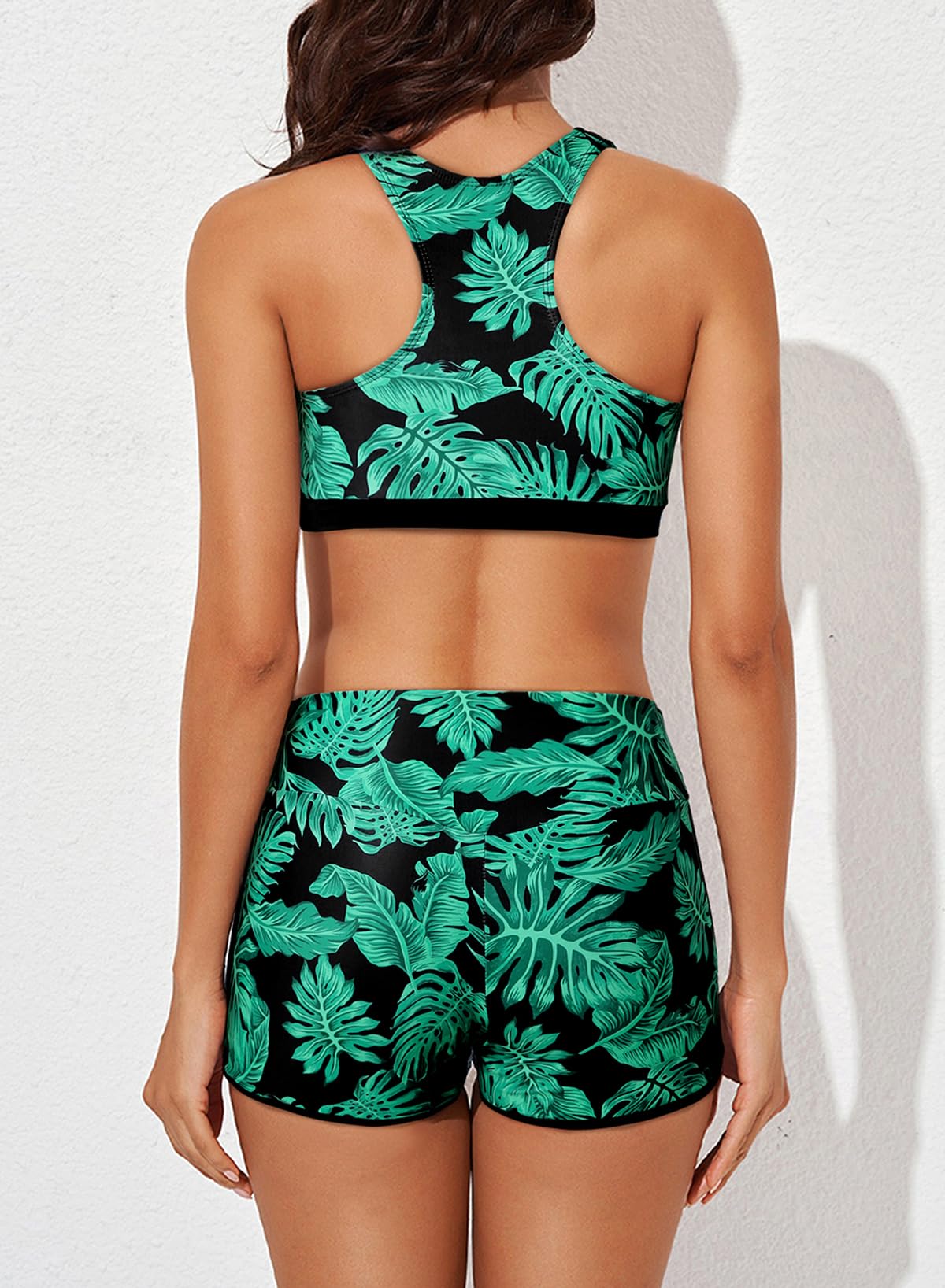 Set costum de baie tankini 3 piese top push-up și pantaloni scurți talie înaltă – Negru S