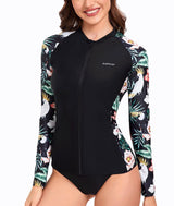 Women’s Rash Guard Full‑Zip Long Sleeve UPF50+ Quick‑Dry – Black Leaves 3XL