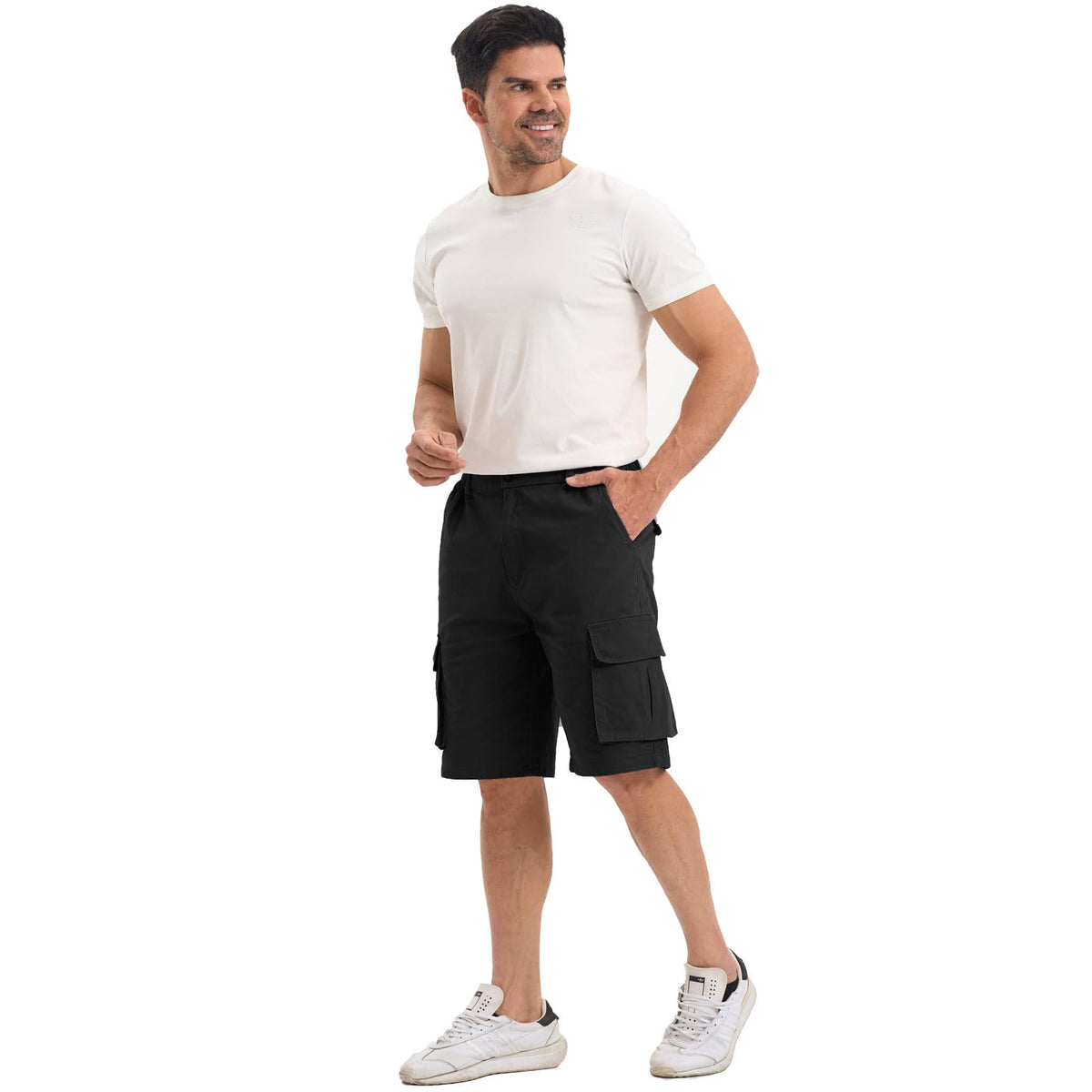 Men’s Cargo Shorts Cotton Chino Elastic Waist Pockets – Black S