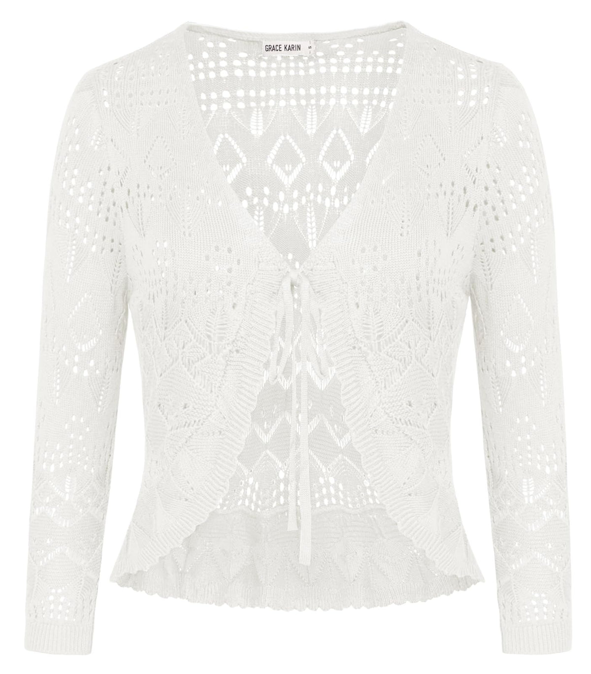 Women's 3/4 Sleeve V-Neck Bolero Tie-Front Lightweight Shrug – White M