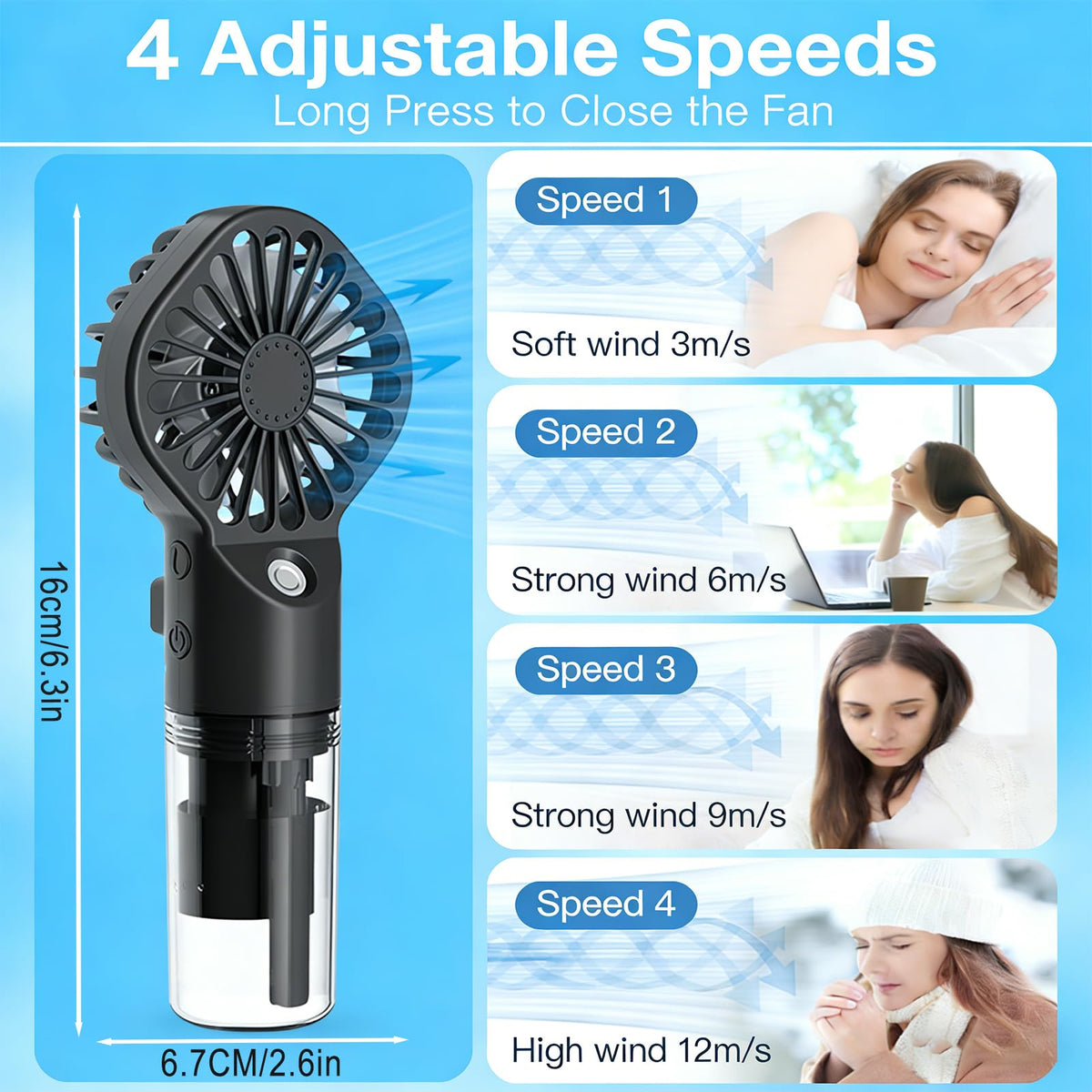 Handheld Misting Fan USB Rechargeable 4-Speed Portable Mini – Black