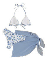 Set costum de baie damă din 3 piese GORGLITTER cu fustă pareo imprimeu floral – Albastru deschis M