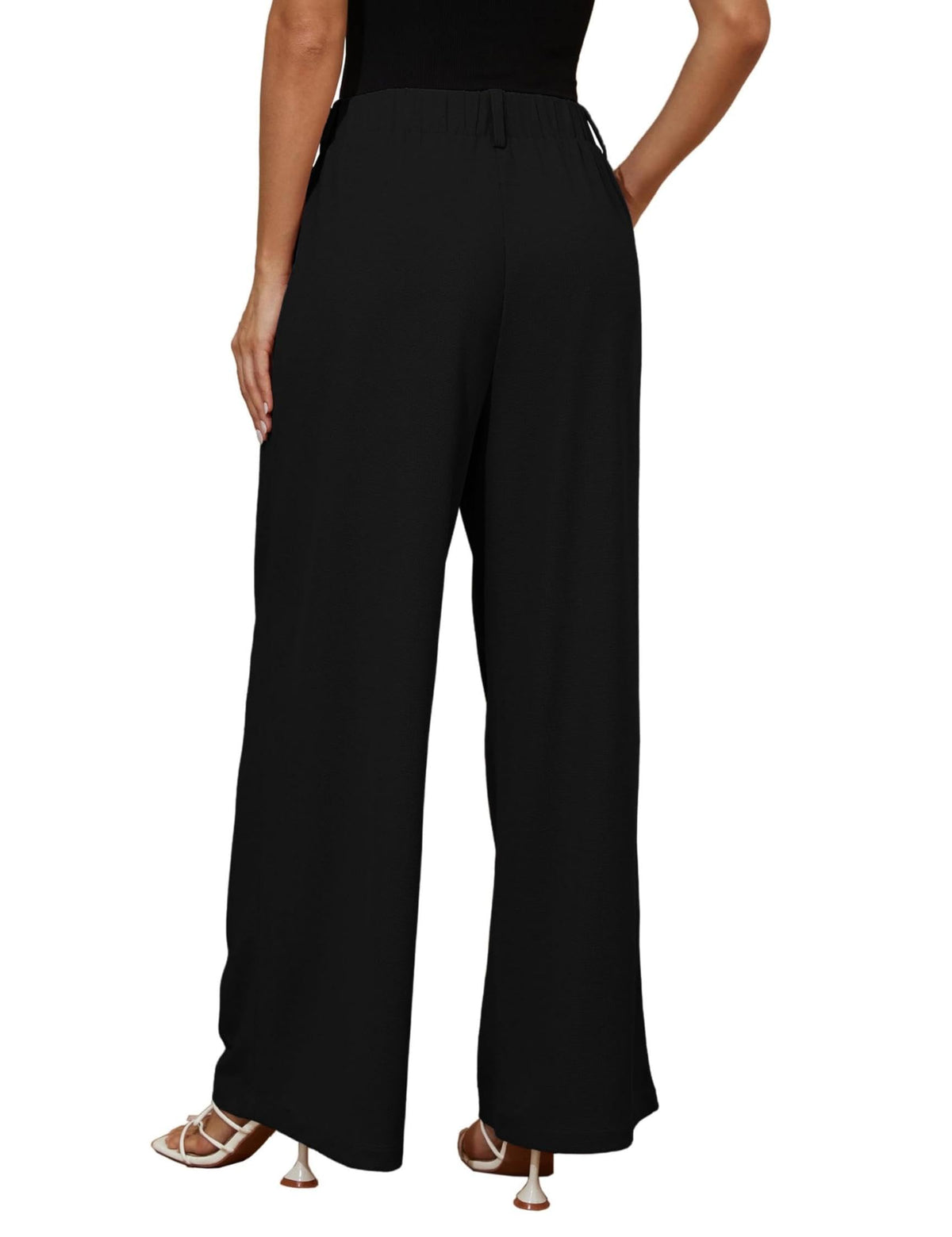 Women's Wide-Leg High-Waist Pleated Trousers Lightweight Summer - Black M Petite