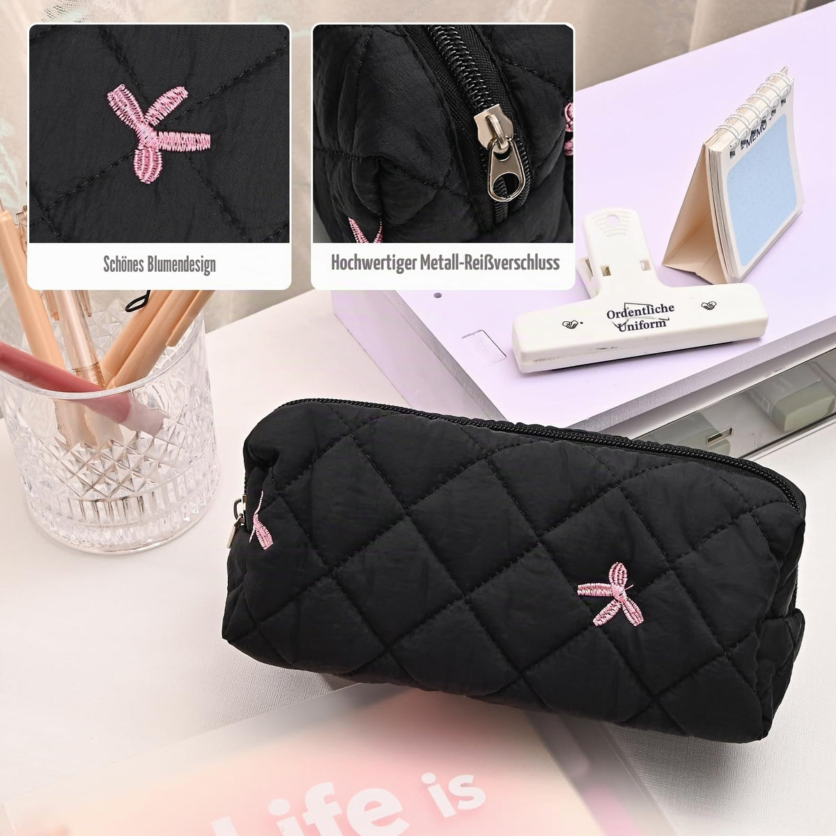 Floral Pencil Case Makeup Pouch Smooth Zipper Small – Black