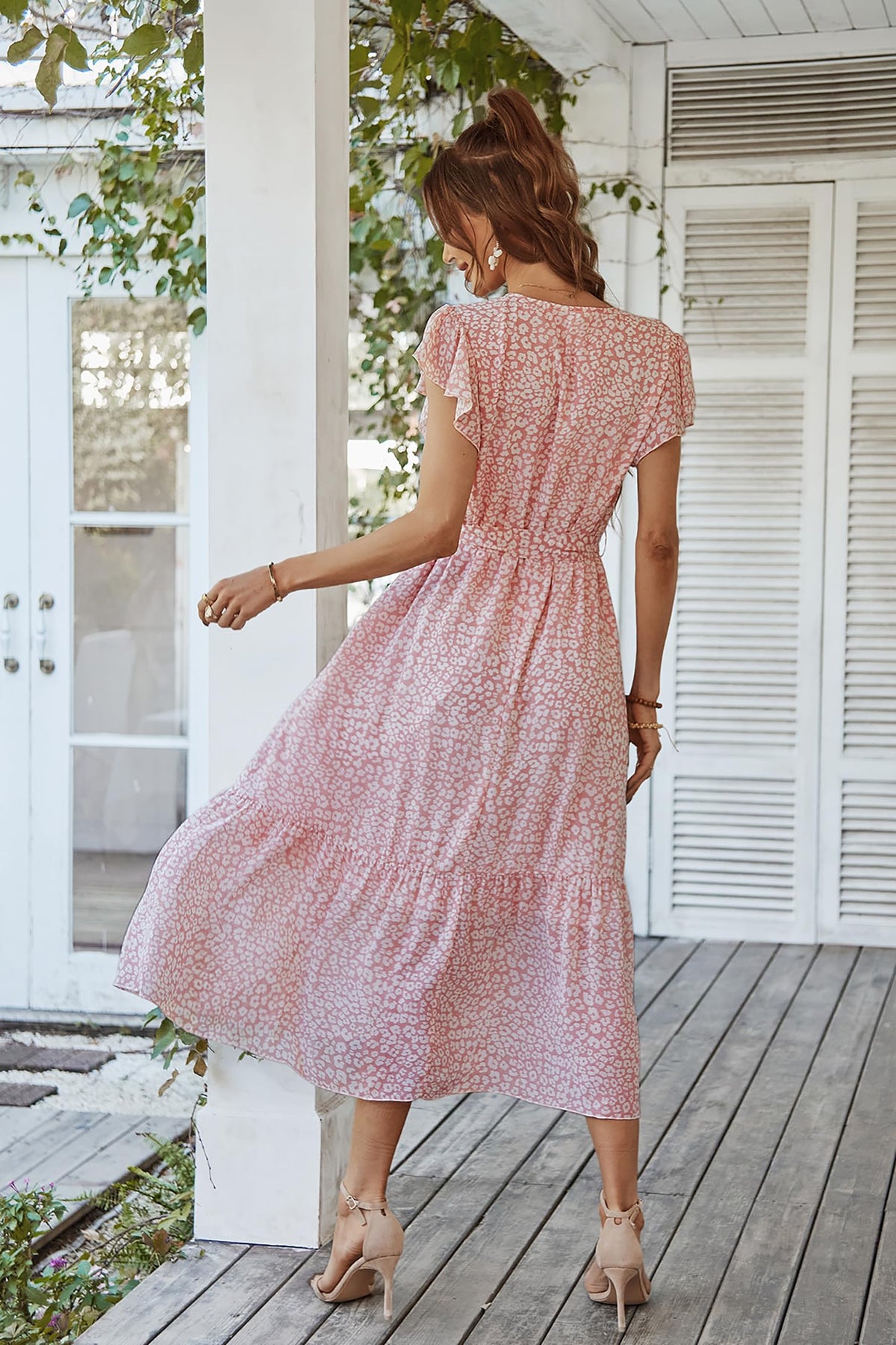 Rochie lungă de vară boemă Awemeal cu decolteu în V, cordon și volane – Roz Floral L
