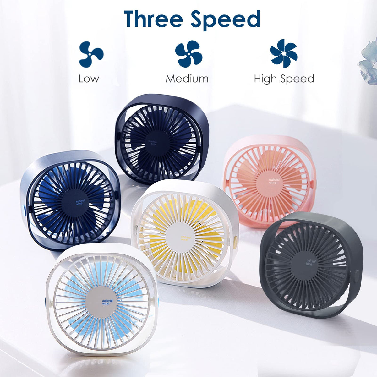 Mini ventilator silențios USB de birou Simpeak rotire 360° 3 trepte – Albastru