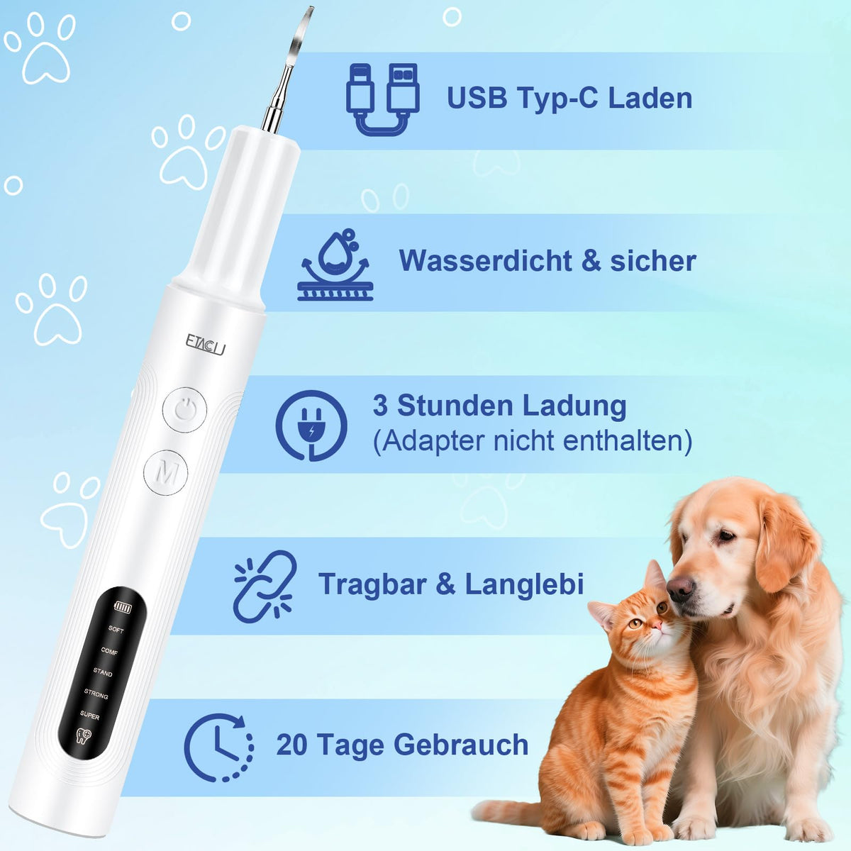 Ultrasonic Pet Dental Cleaner 5 Modes Sensor USB-C IPX6 Waterproof – White