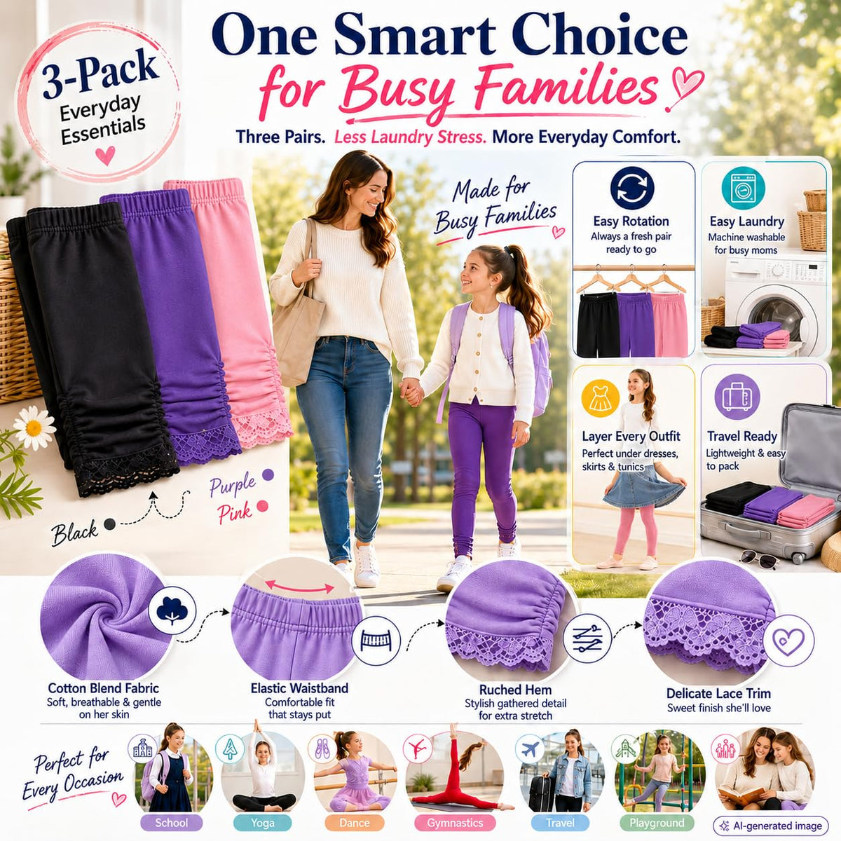 Girls 3-Pack Stretch Yoga Leggings Dance Gym School - Pack G Size 6