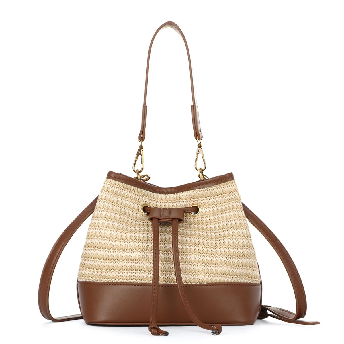 Handwoven Straw Bucket Shoulder Bag Drawstring Beach Handbag – Natural