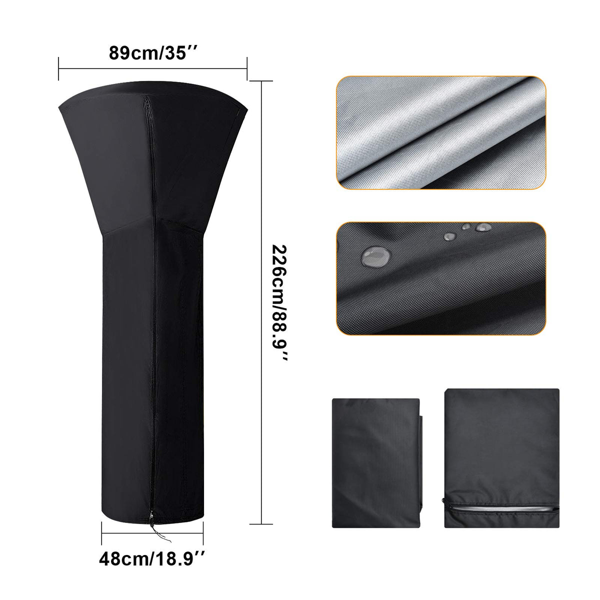 Heater Cover Protective Cover for Patio Heater, 226x89x48 cm Weather Protection Cover with Long Zipper, Water-Repellent Windproof UV-Resistant Cover for Patio Heater, Black