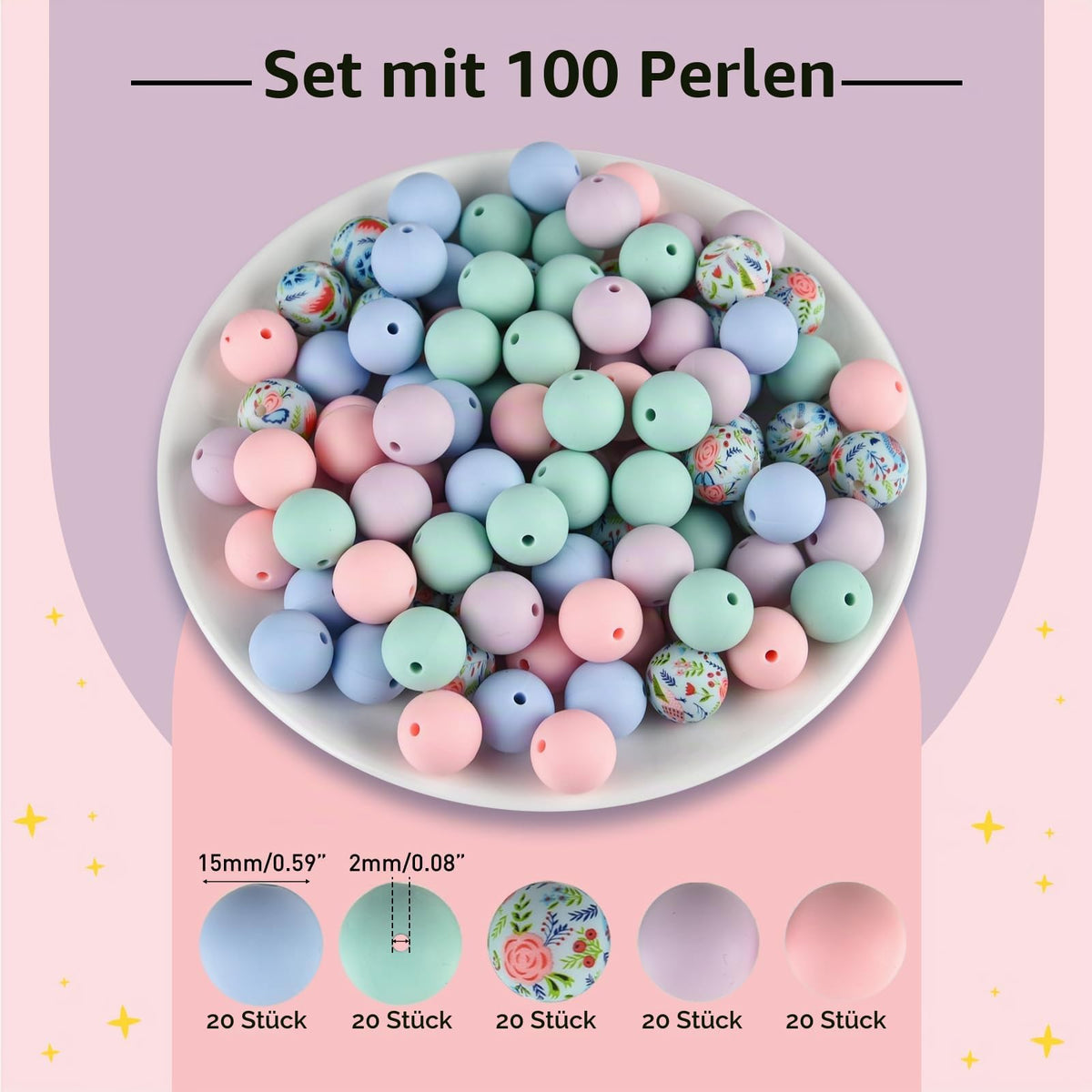 Mărgele rotunde din silicon 15 mm pentru brelocuri și brățări DIY, set 100 bucăți – Roz/Mov/Bleu