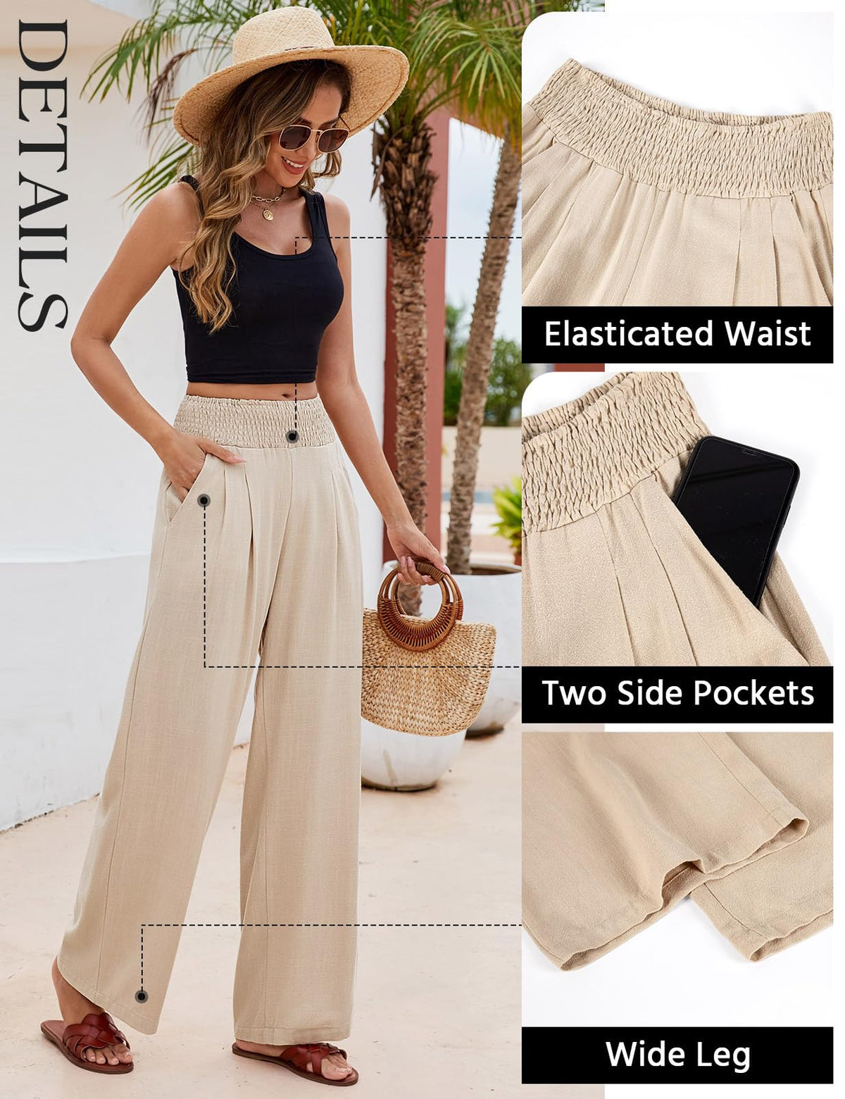 Pantaloni lejeri de vară din bumbac și in cu talie înaltă și buzunare pentru damă
