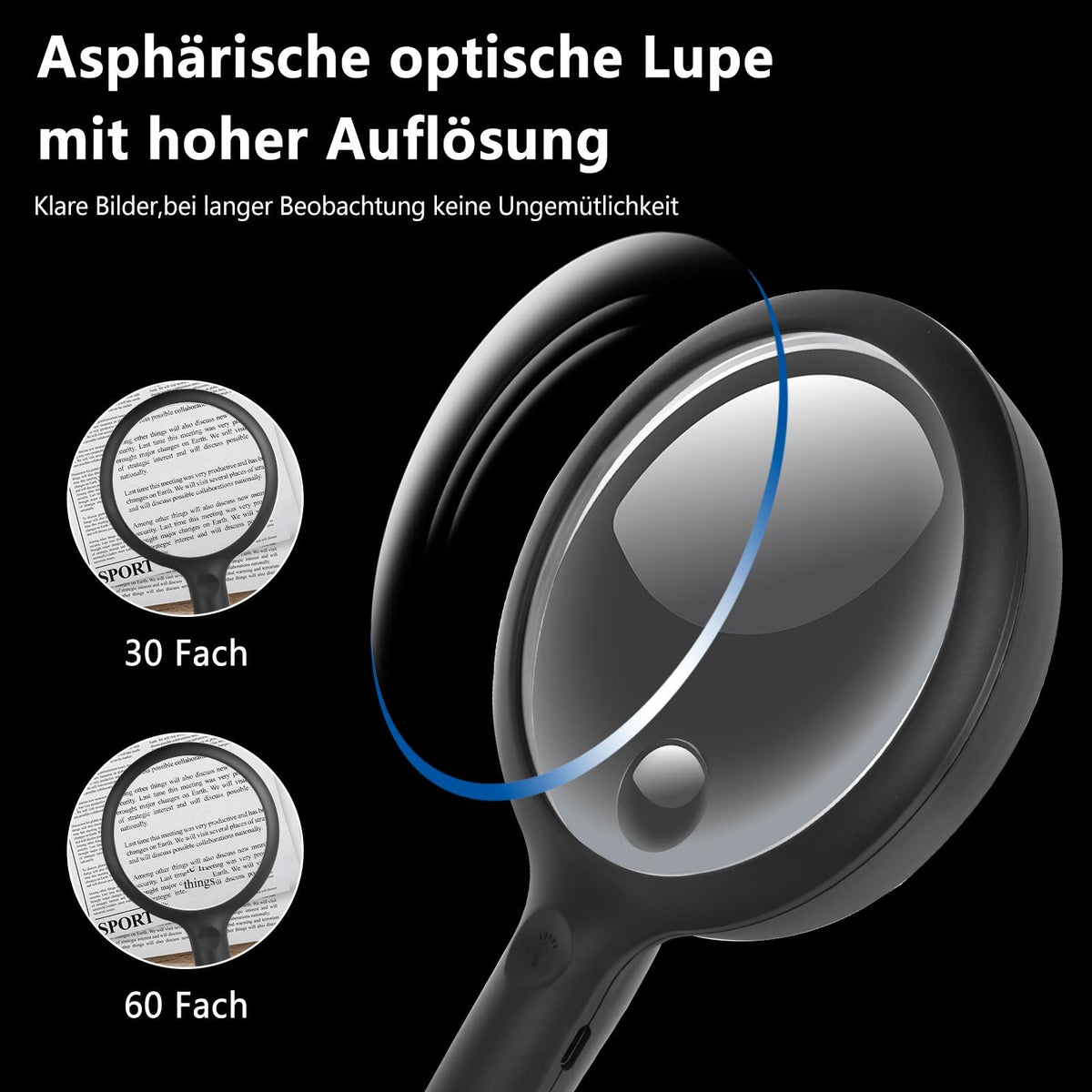 Lupă de citit mare cu iluminare 20 LED-uri reîncărcabilă USB 3 moduri de lumină pentru seniori