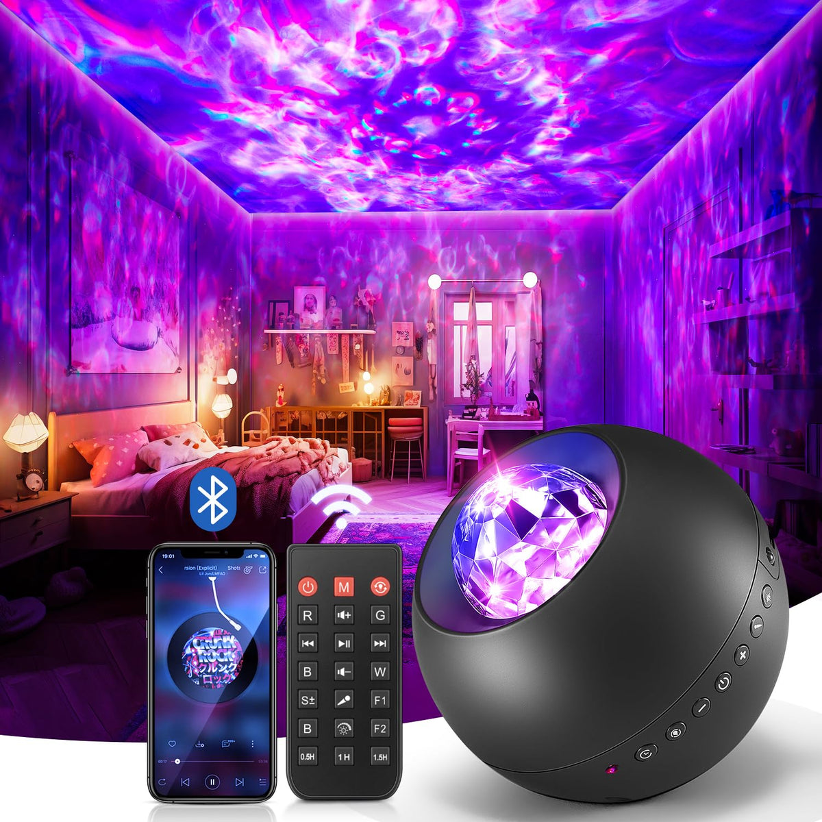 Proiector cer înstelat galaxie cu 20 moduri de lumini, difuzor Bluetooth și 15 sunete albe