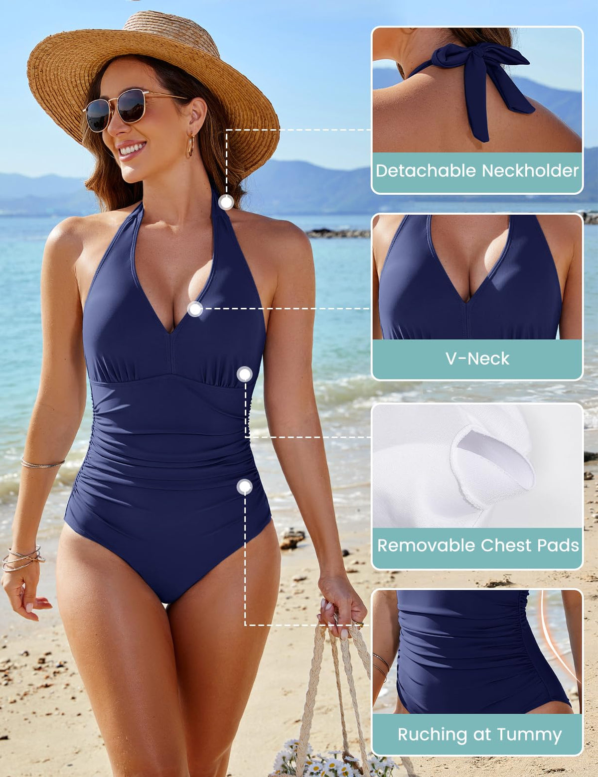Costum de baie întreg damă push-up buretat cu drapaj modelator – Bleumarin S
