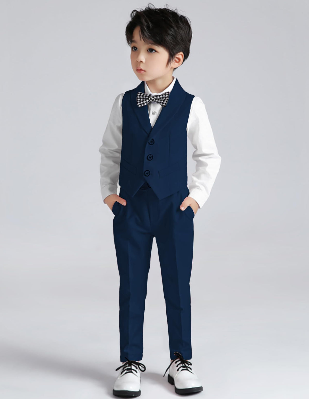 Boys’ 5‑Piece Formal Suit Set Vest Trousers Shirt Bow & Neck Tie – Navy Blue 8–9 yrs (140)