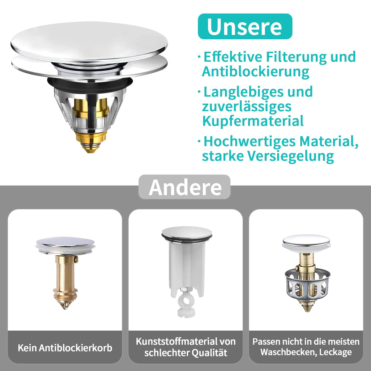 Dop universal pop-up pentru chiuvetă și cadă cu sită antinfundare (34-38 mm)