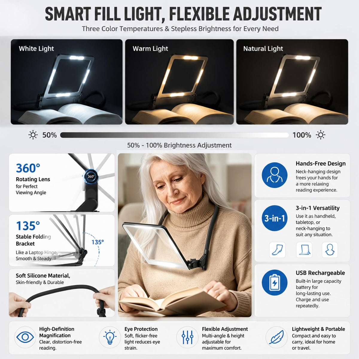LED Gooseneck Magnifier 3x Rectangular Lens 40 LEDs Dimmable 3 Colours – Extra Large