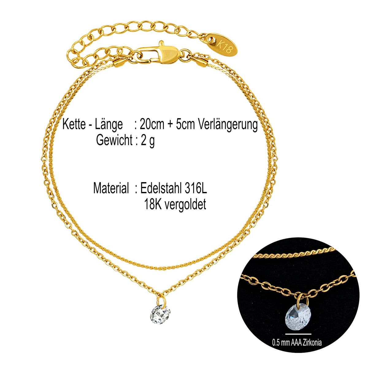 Layered Anklet Stainless Steel 18K Gold Plated with Cubic Zirconia Adjustable 20–25cm – Gold