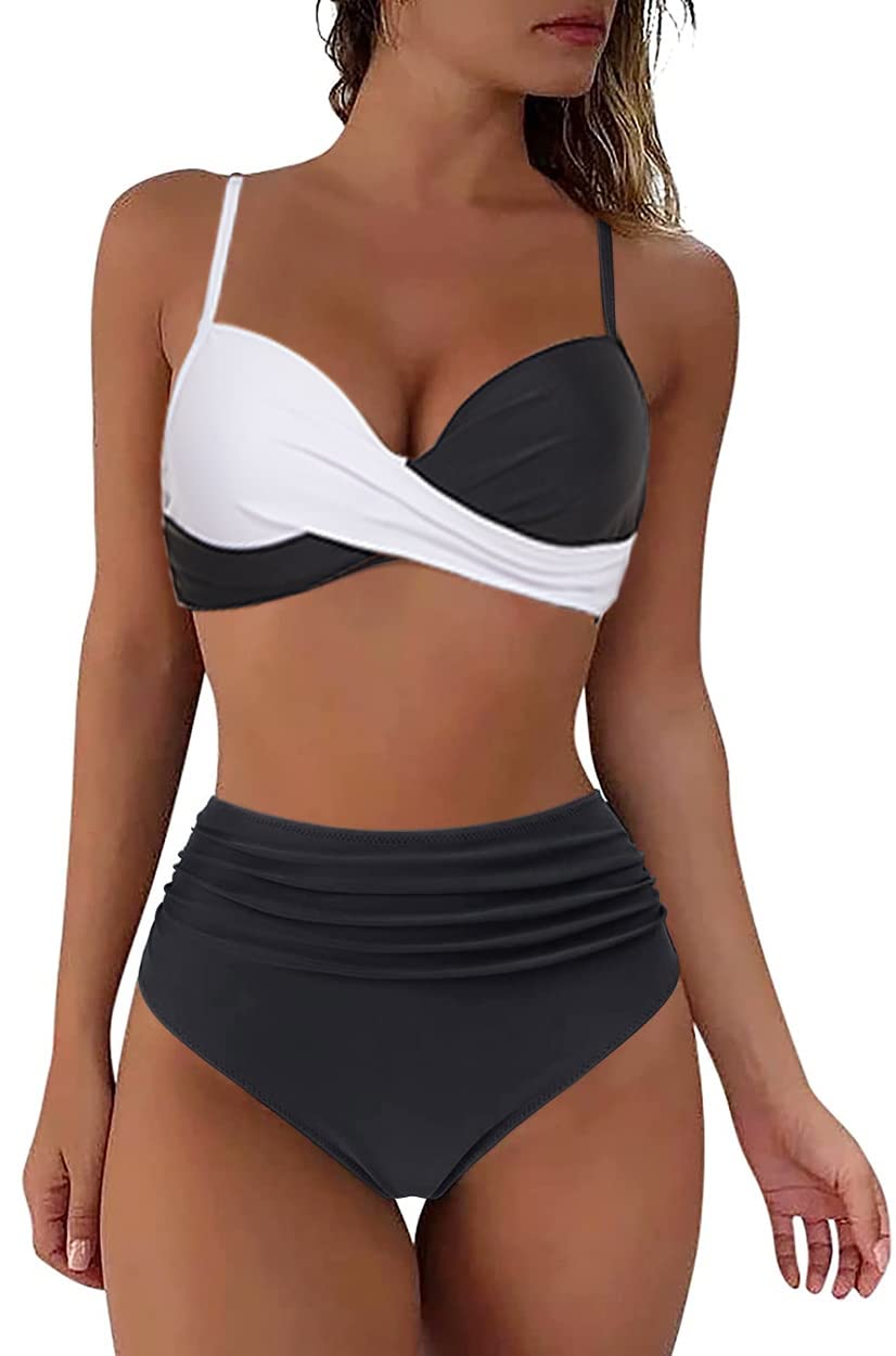 Women's Split Swimsuit Push-Up Underwire Bikini Set Ruched – White S