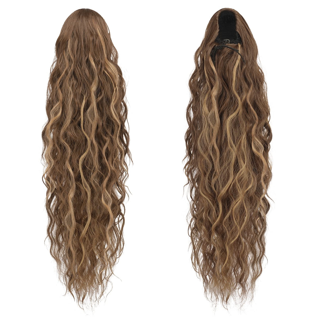 Coada de cal lungă împletită ondulată extensie păr sintetic 65 cm – Blond Miere cu Șaten deschis