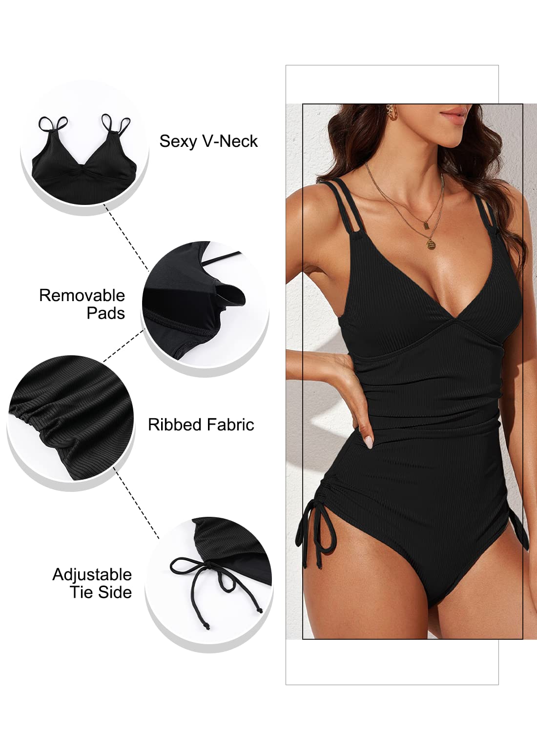 Costum de baie întreg damă decolteu în V și spate gol Dokotoo – Negru XL