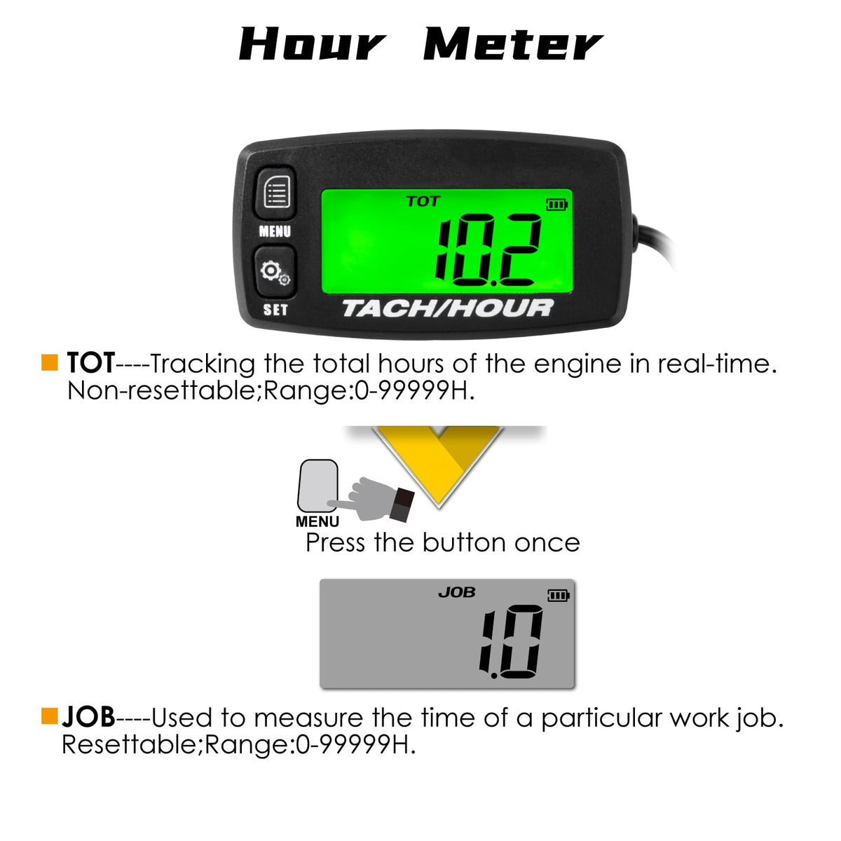 NInE-ROnG Self-Powered Digital Tachometer, Hour Meter, Inductive Maintenance, Waterproof, Backlit Tachometer, Battery Change, for Lawn Mowers, Tractor Generators