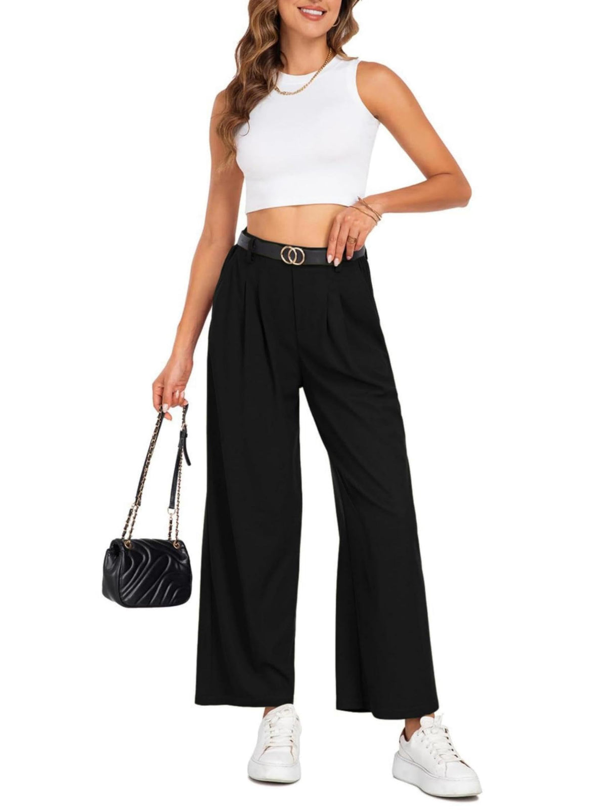 Women's Wide-Leg High-Waist Pleated Trousers Lightweight Summer - Black M Petite