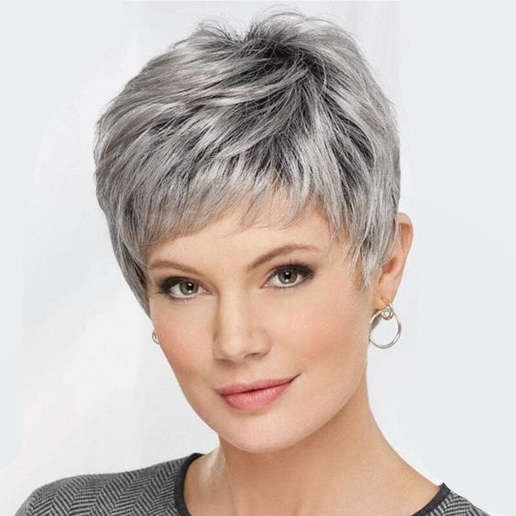 Perucă scurtă gri stratificată cu breton Pixie Cut termorezistentă AIYLMZ – Gri