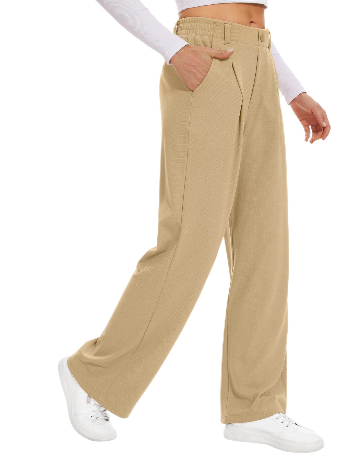 Women's palazzo trousers waffle fabric wide-leg high waist with pockets – Light Khaki XL