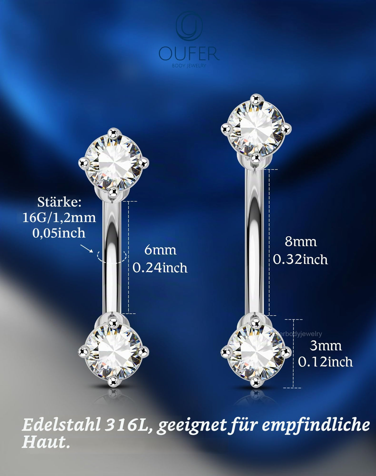 Piercing curbat pentru sprânceană din oțel chirurgical 316L cu zirconiu – Argintiu 16G 6mm