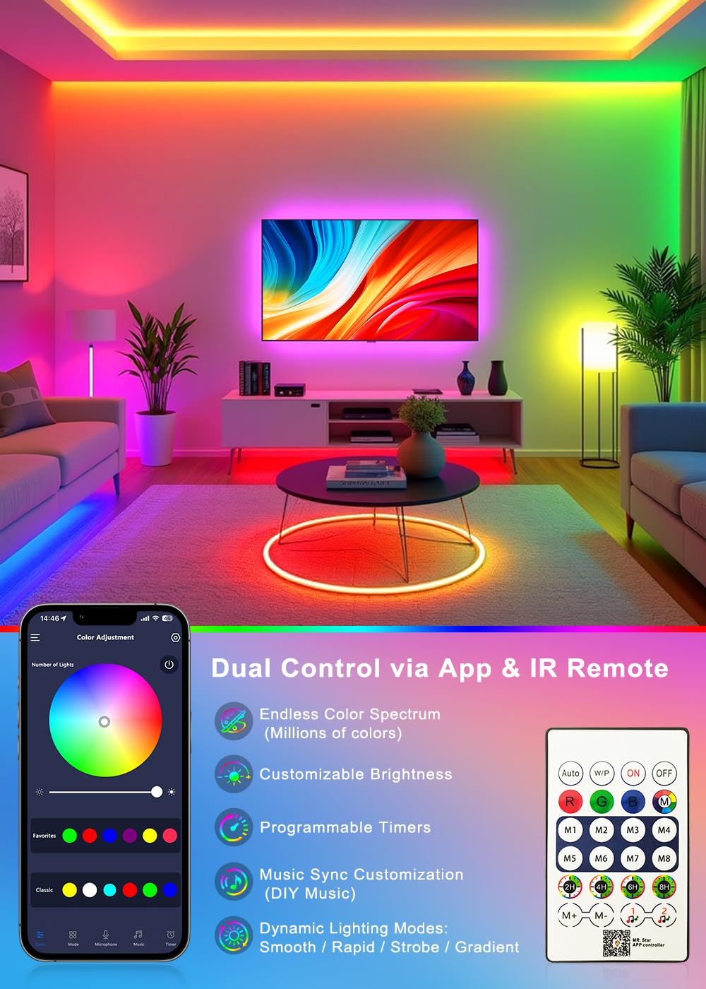 5m USB RGBIC Neon LED Strip App & Remote Music Sync Waterproof 5V Flexible – RGB