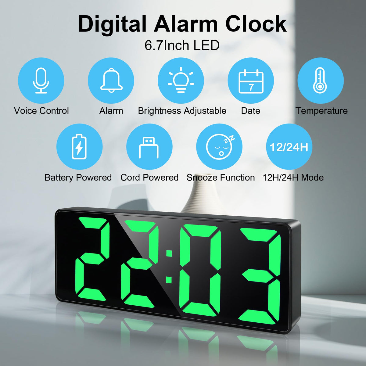 Lafocuse LED Digital Alarm Clock with Large Numbers, Temperature Display and Date, Digital Type-C/Battery Operated Table Clock with Snooze, Brightness Adjustable, 12/24HR for Bedside Table, Bedroom, Office, Green