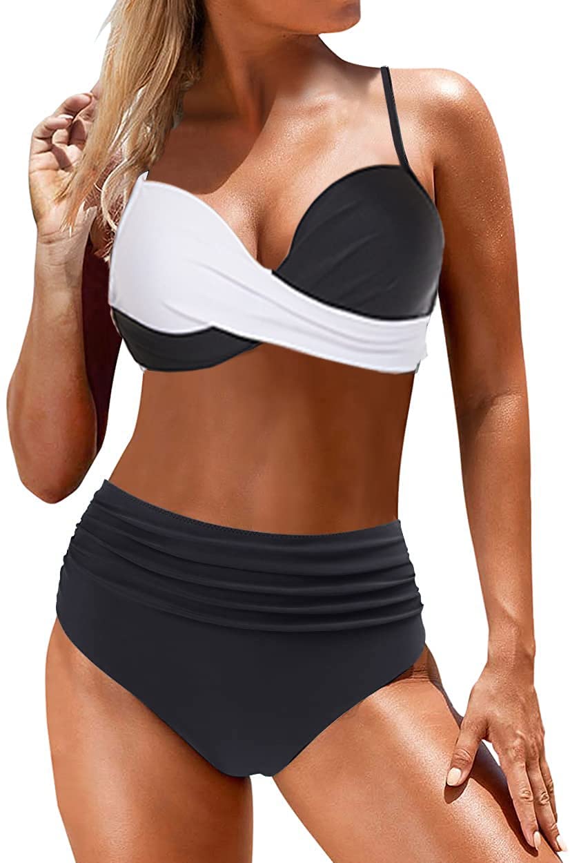 Women's Split Swimsuit Push-Up Underwire Bikini Set Ruched – White S