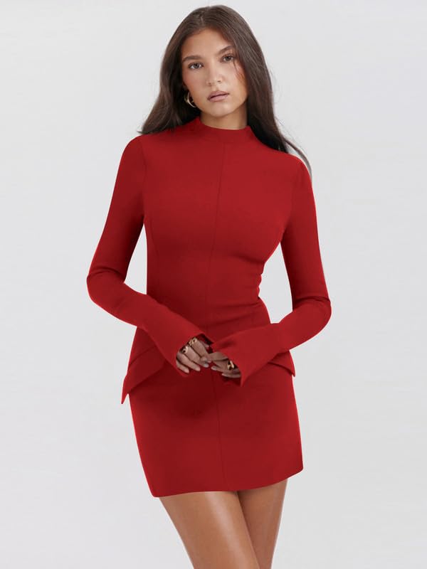 Rochie scurtă elegantă mulată cu mânecă lungă, guler înalt și buzunare – Negru