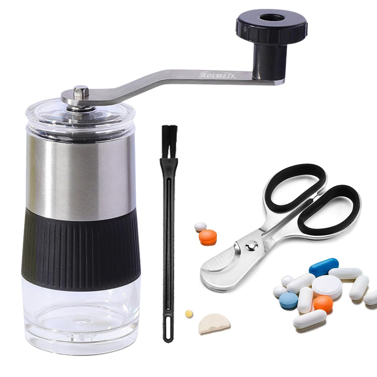 ROLMZJX Pill Mortar and Pill Splitter Scissors, Pill Grinder with Storage Compartment, Ideal for Feeding Tubes, Pets or to Make It Easier for Children to Take Medication