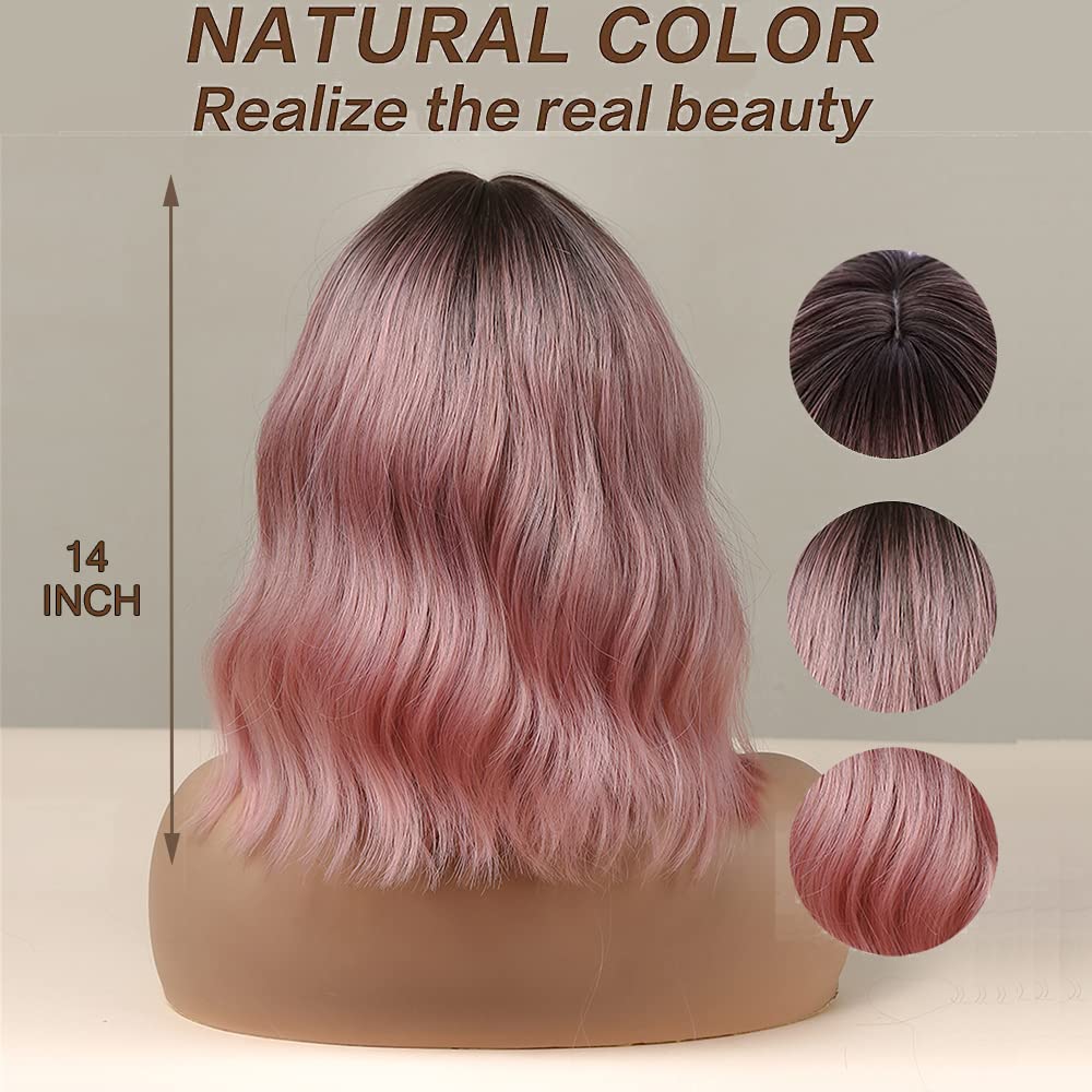 Esmee 14-inch Short Pink Wig with Bangs Synthetic Hair for Women – Ombre